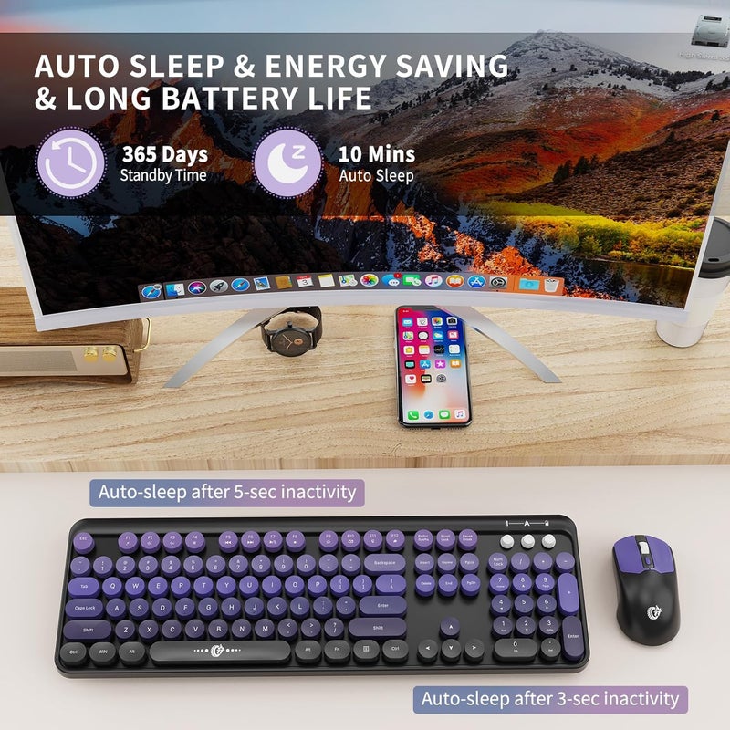 FD Wireless Keyboard and Mouse Combo | Cute Colorful Keyboard and Mouse with 2.4GHz Cordless Retro Typewriter Keyboard | Auto-Sleep | USB Receiver for Windows PC/Laptop - Black Purple Gradient - Image 5